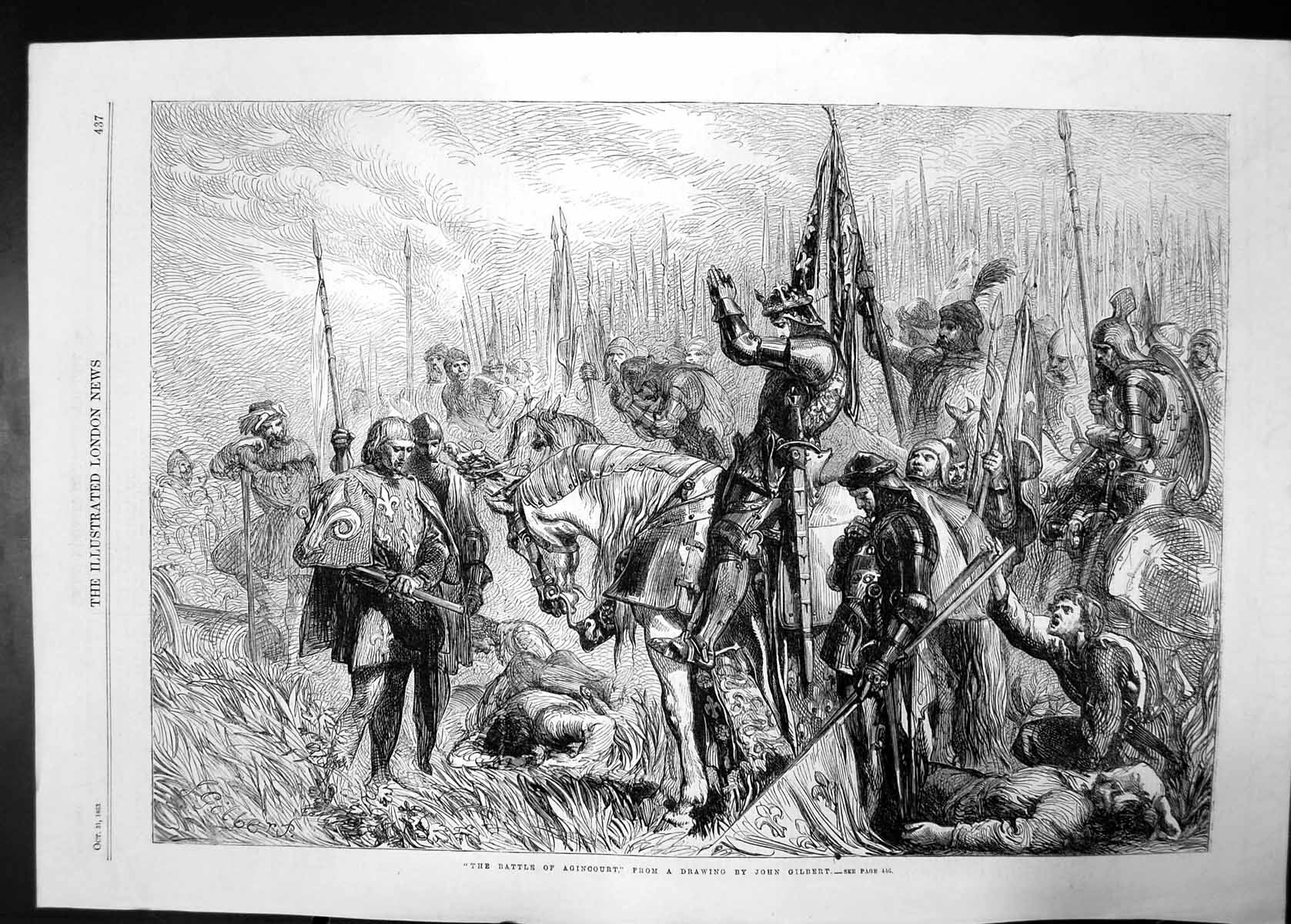 Antique Old Print Battle Agincourt Gilbert 1863 Horses Siers Fight War Spear