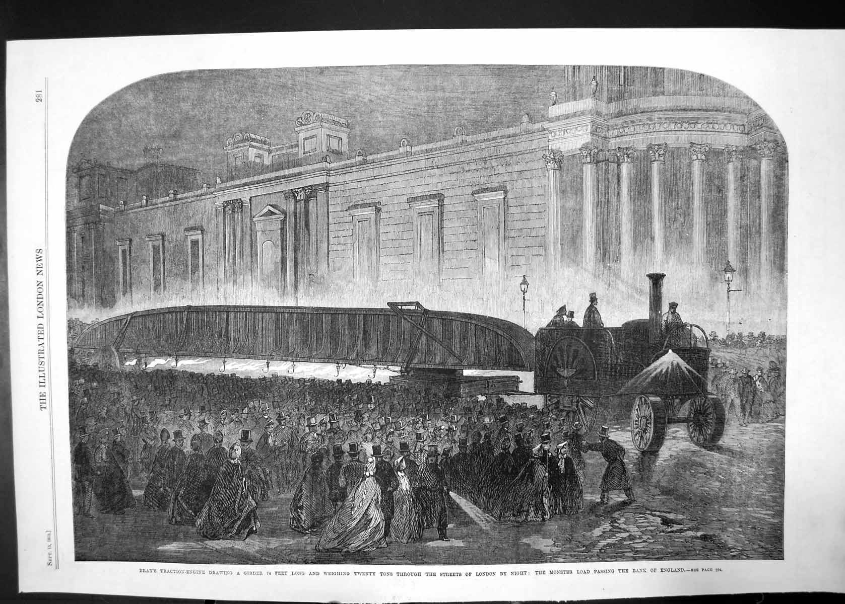Antique Old Print Brays Traction Engine London Night Monster Load Bank 1862