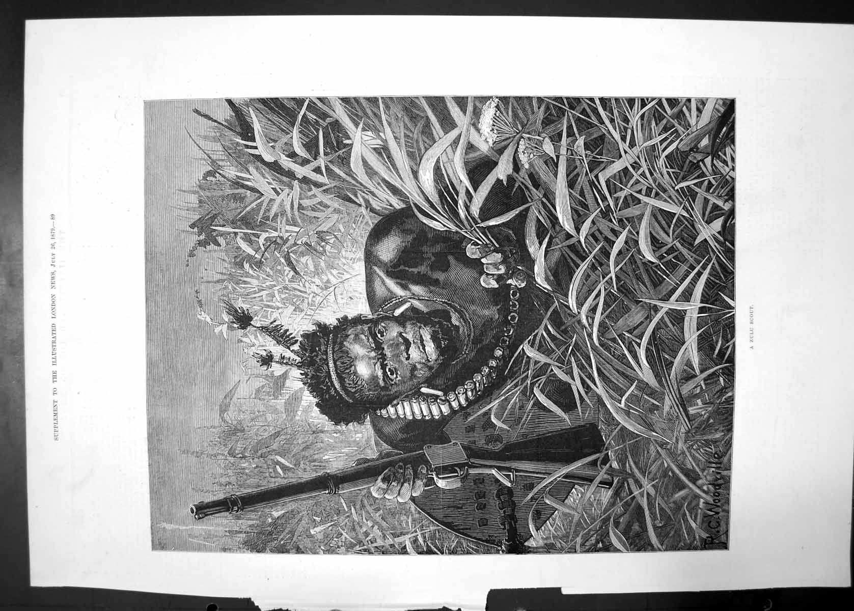 Original Old Antique Print Zulu Scout 1879 Warrior Gun Bullets Grass Woodville