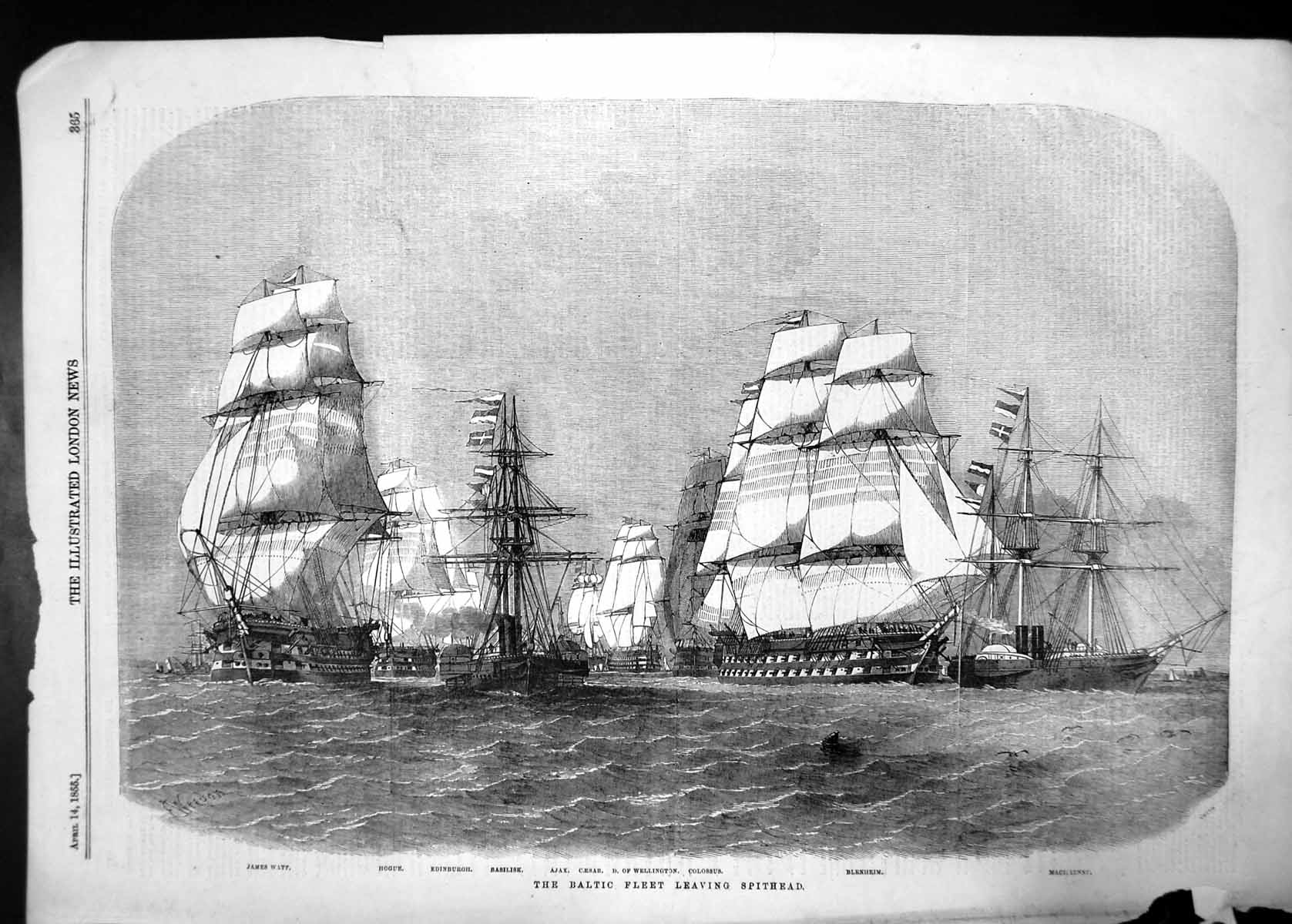 Original Old Antique Print Baltic Fleet Leaving Spithead 1855 Boats Ships Sea