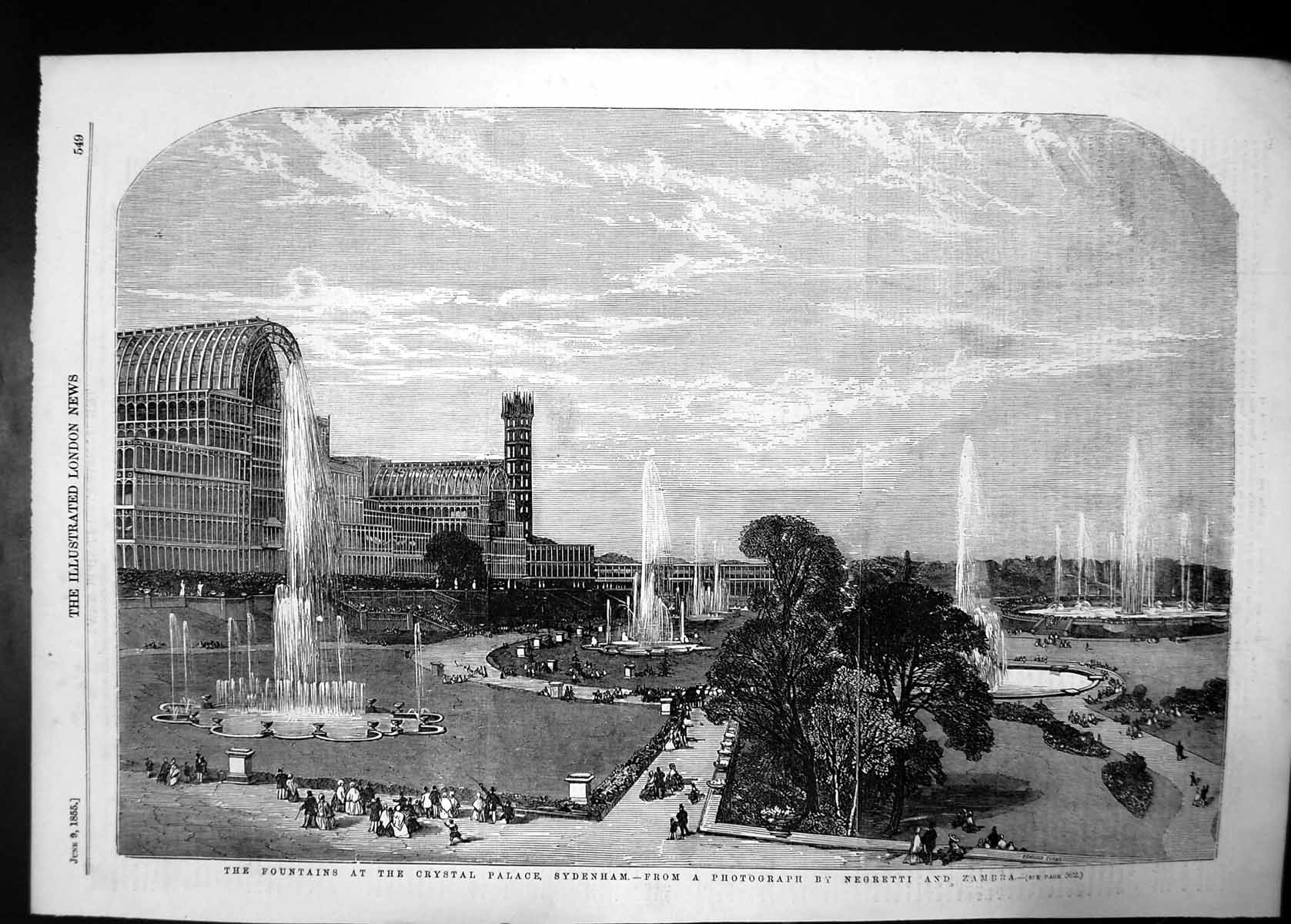 Original Old Antique Print Fountains Crystal Palace Sydenham 1855 Water Gardens