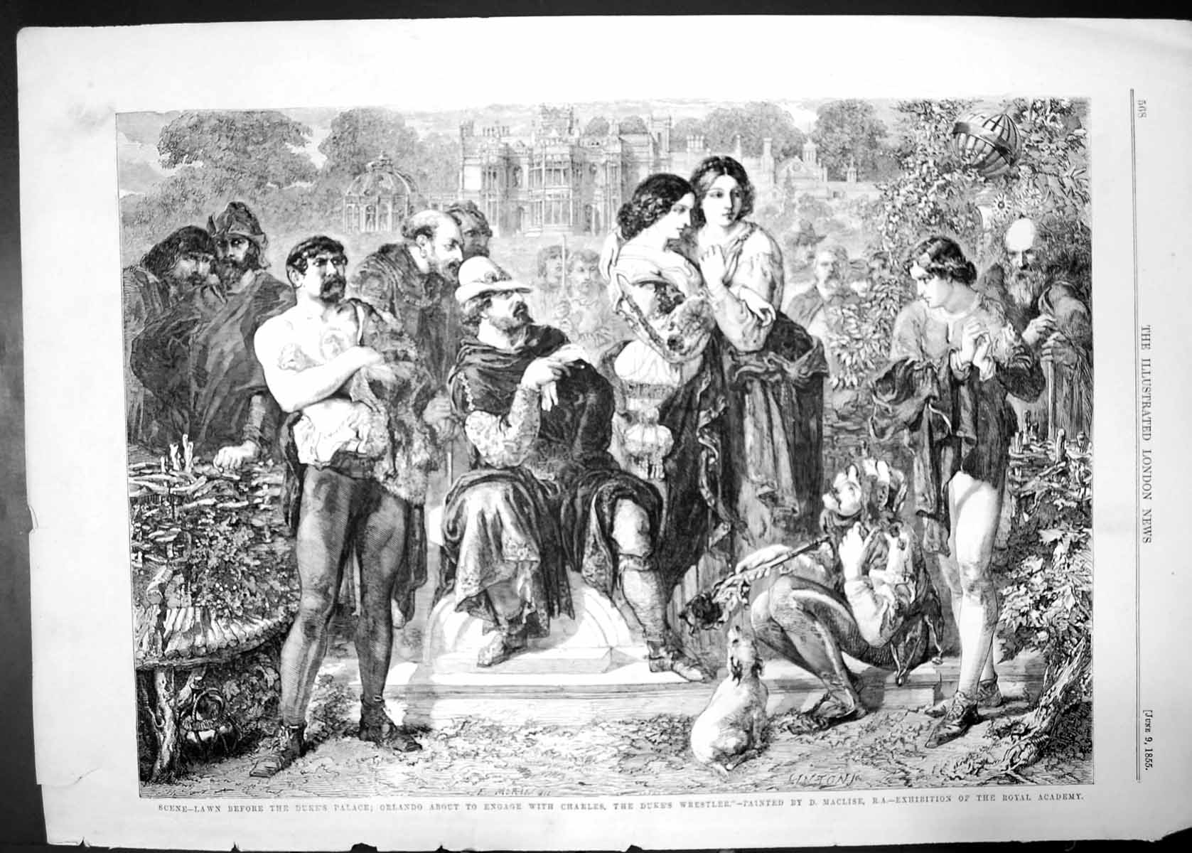 Old Antique Print Lawn Duke Palace Orlando Engage Charles Wrestler 1855 19th