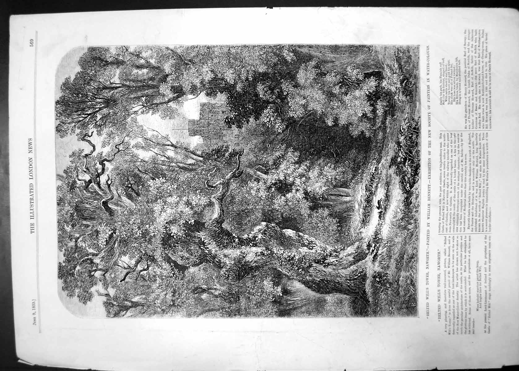 Antique Old Print Belted Wills Tower Naworth 1855 Trees Forest Rabbit Bennett