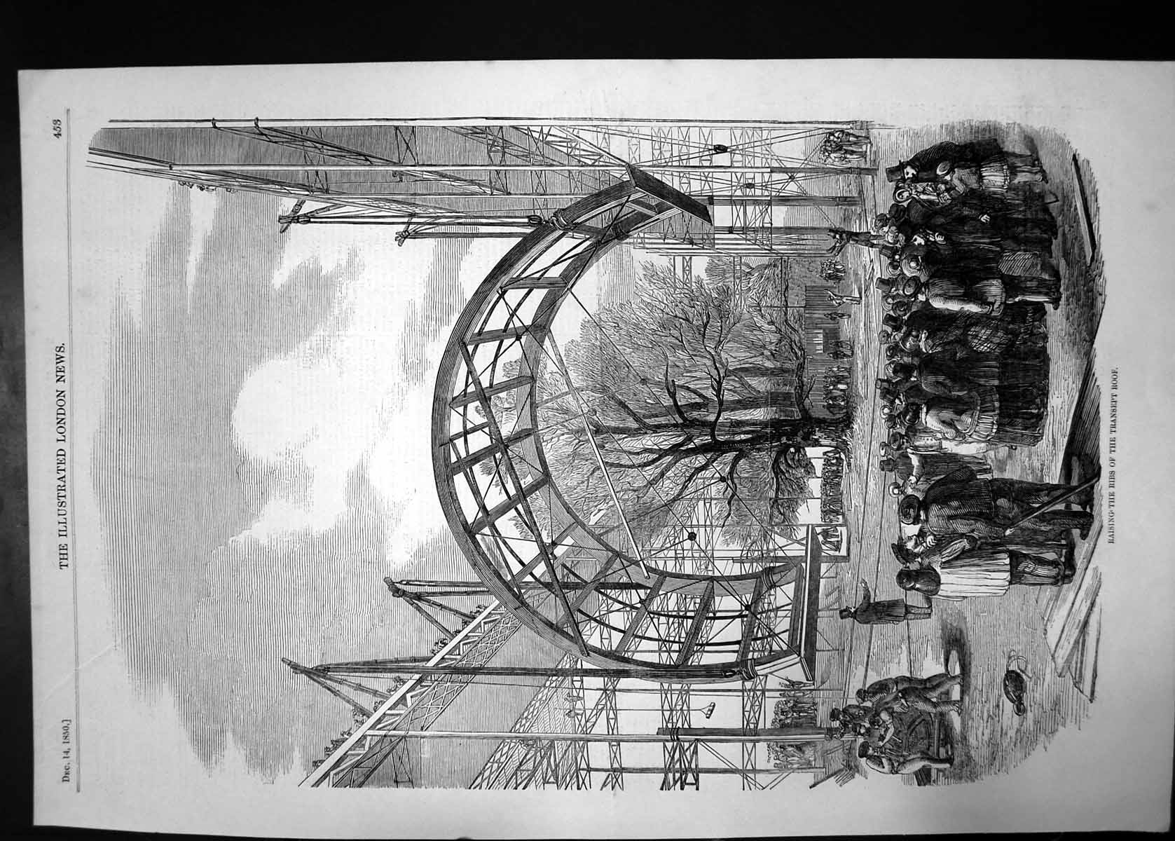 Original Old Antique Print Raising Ribs Transept Ro1850 Building Men Working