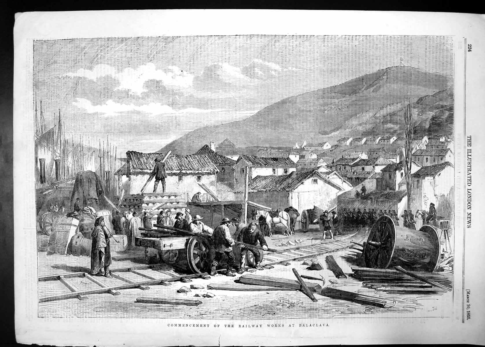 Antique Old Print Commencement Railway Work At Balaclava 1855 Horses Track 19th