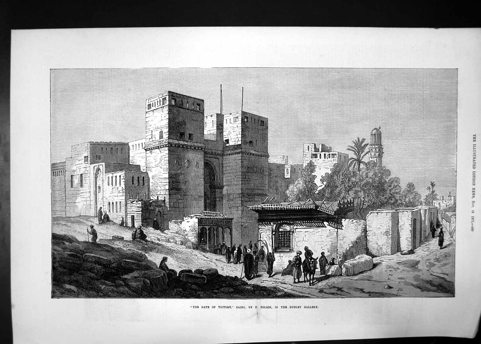 Original Old Antique Print Gate Victory Cairo 1871 Dillon Village Donkey Men