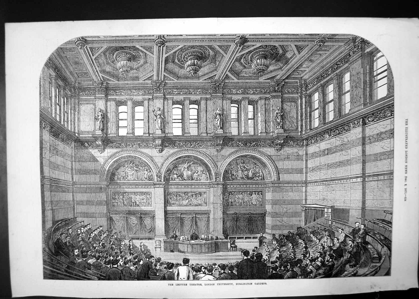 Antique Old Print Lecture Theatre London University Burlington Gardens 1871