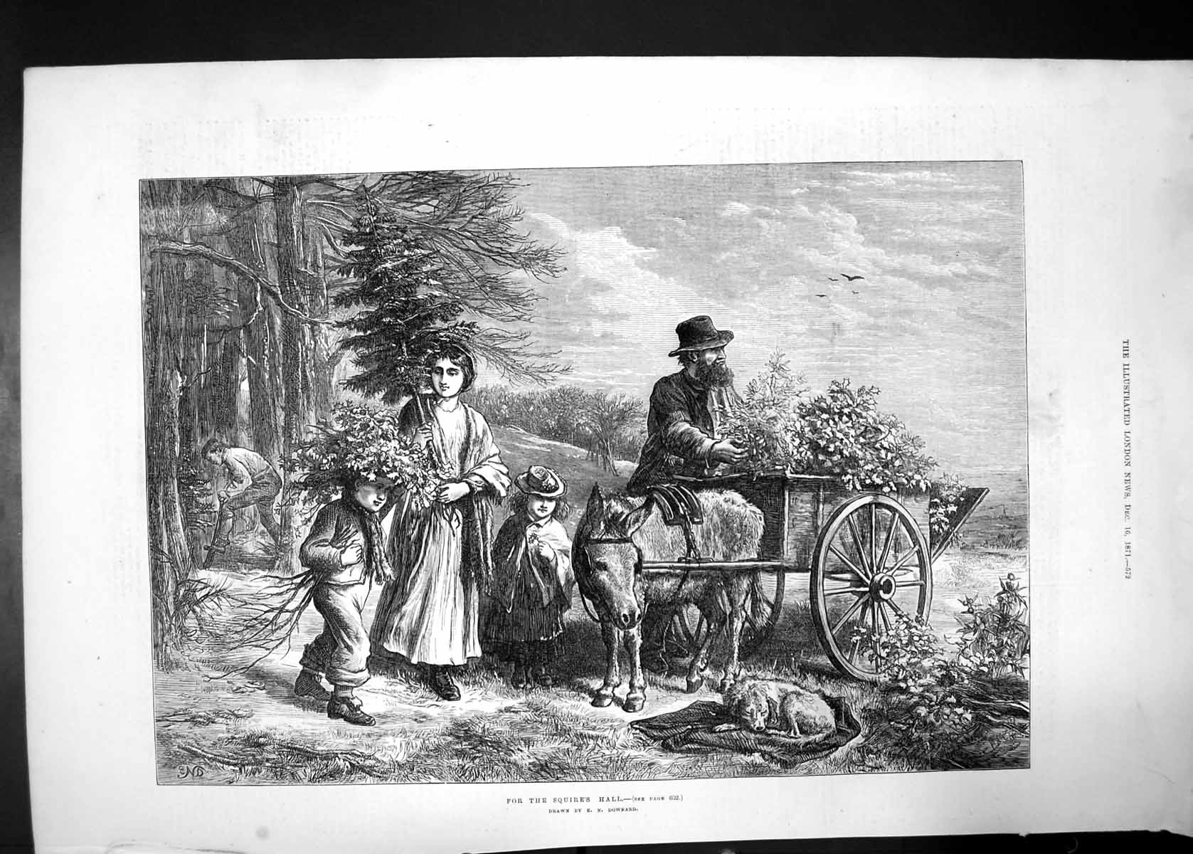 Old Antique Print For The Squires Hall Downard 1871 Donkey Cart Children 19th