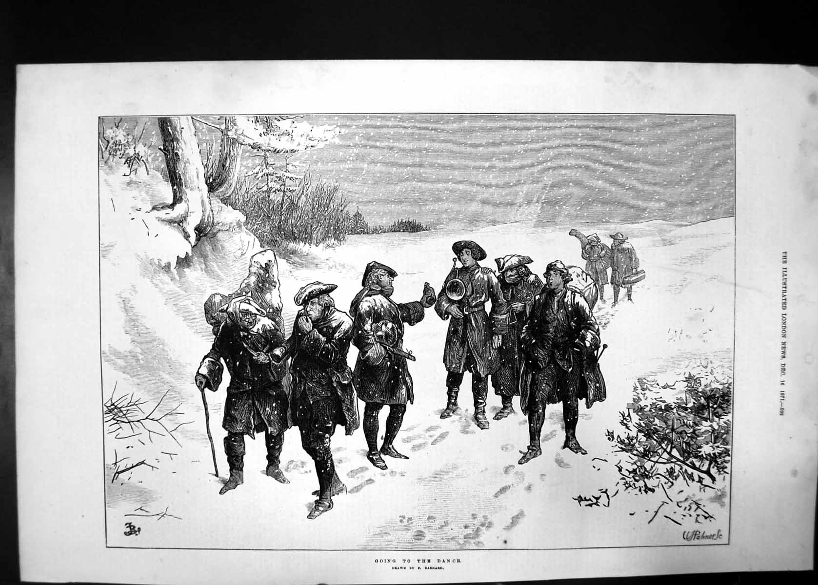 Old Antique Print Going To The Dance 1871 Winter Snow Men Music Barnard 19th