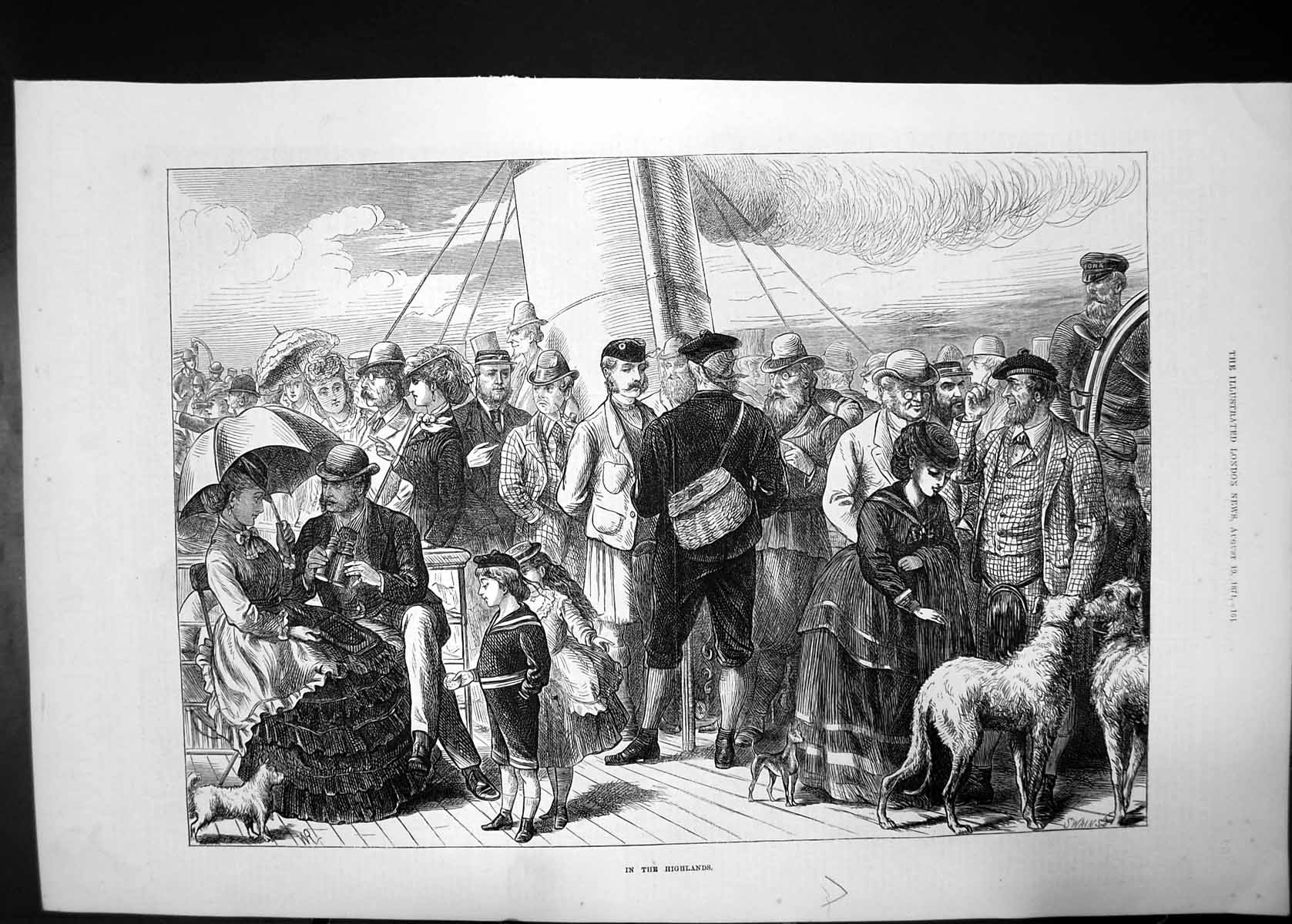 Original Old Antique Print In The Highlands 1871 Women Men Children Dogs Swains