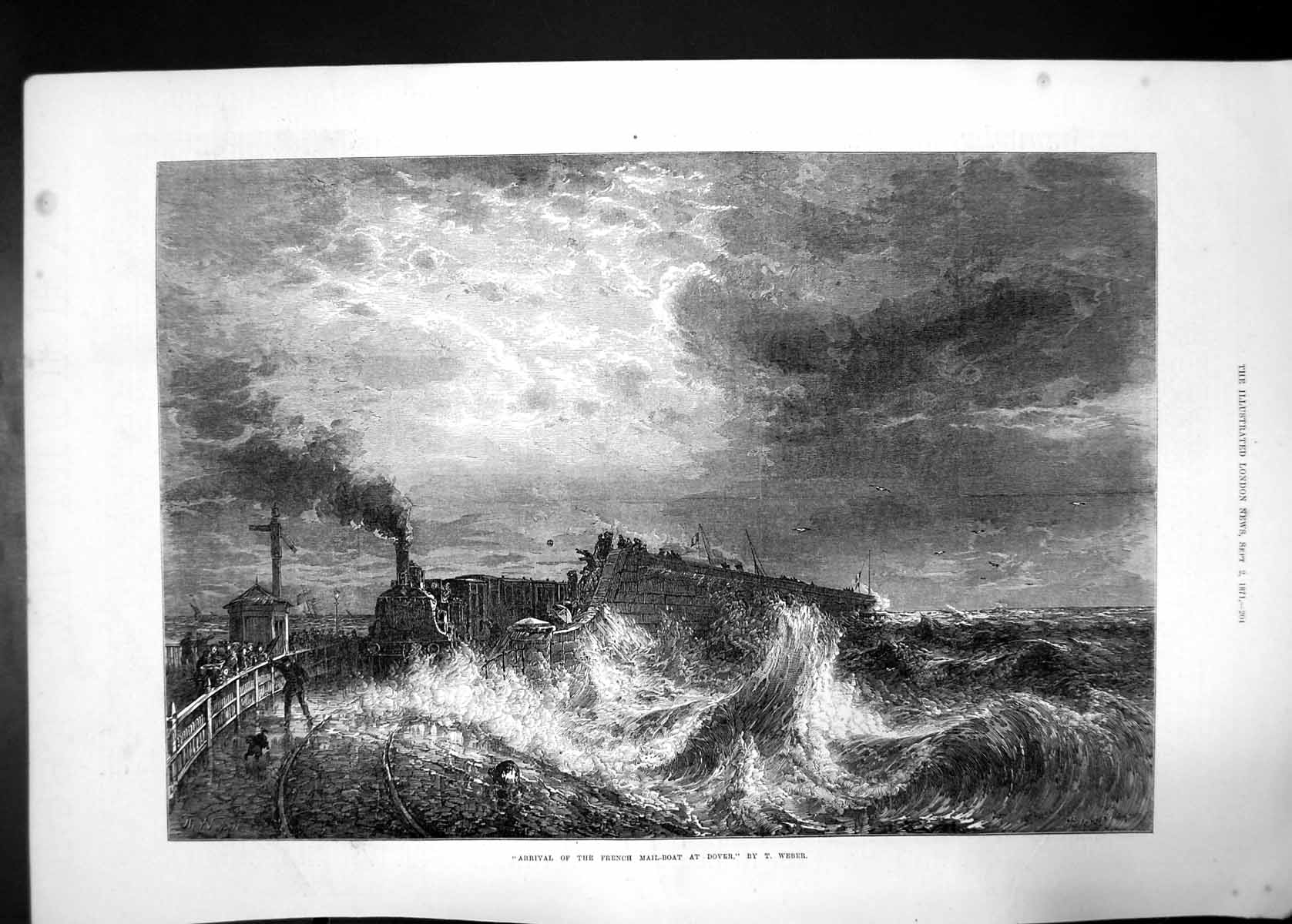 Old Antique Print Arrival French Mail Boat At Dover 1871 Railway Steamer 19th