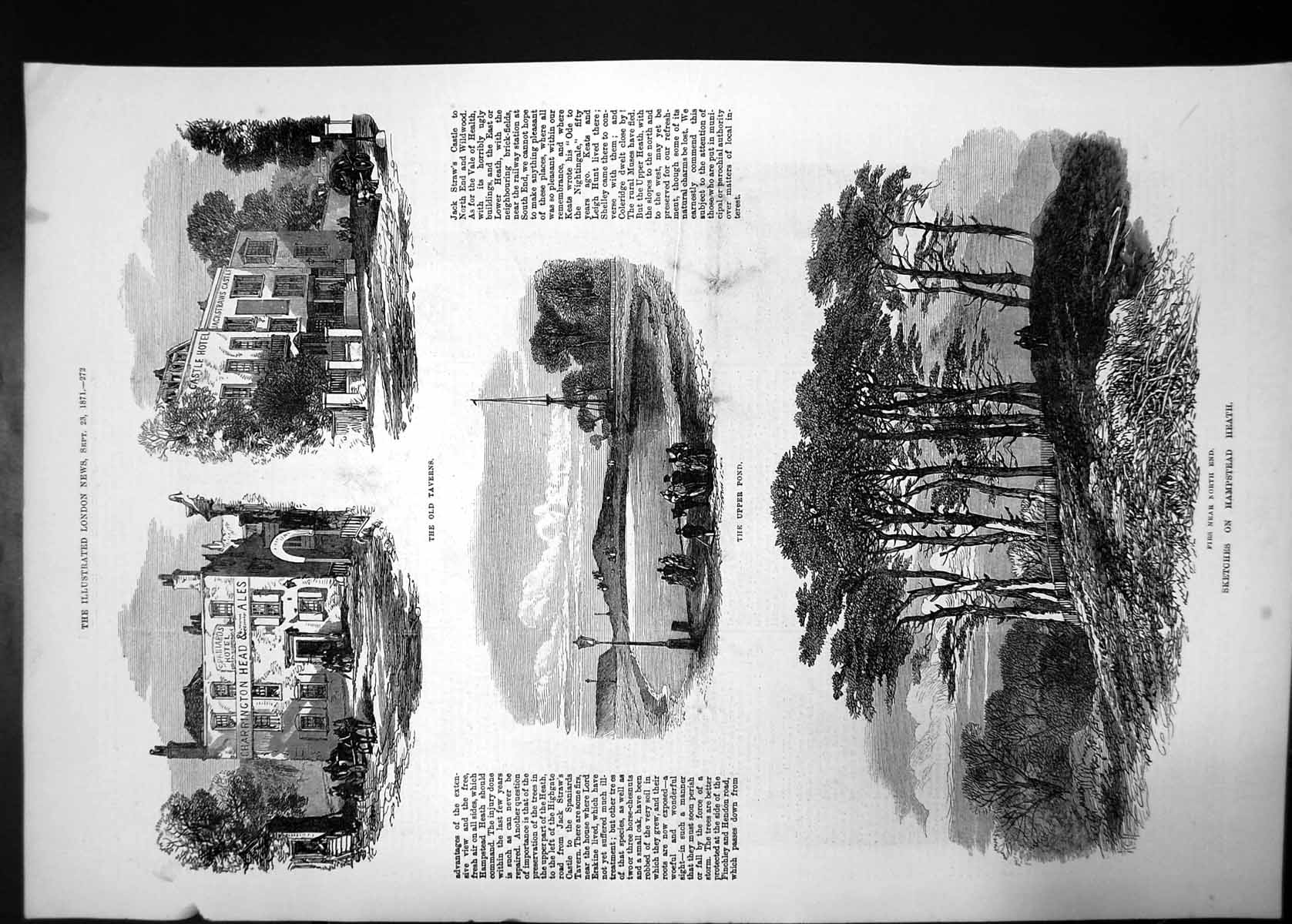 Original Old Antique Print Sketches On Hampstead Heath Taverns Pond Firs 1871