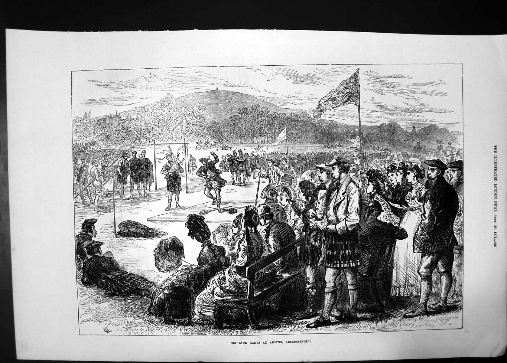 Antique Old Print Higland Games At Aboyne Aberdeenshire 1871 Kilts Bagpipes