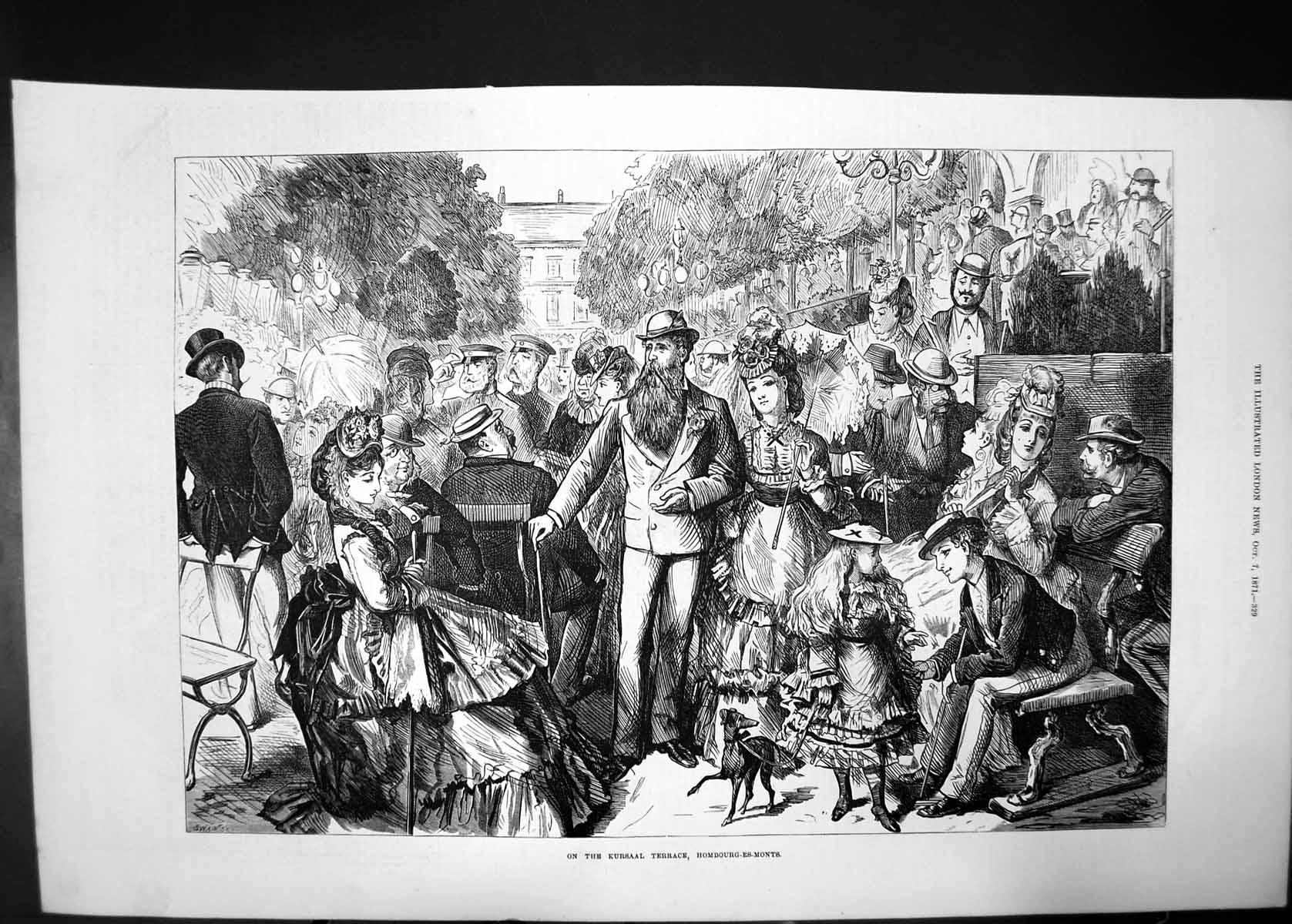 Original Old Antique Print Kursaal Terrace Hombourg Es Monts 1871 Women Dog