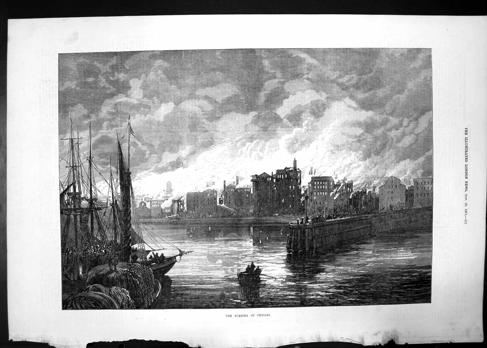 Original Old Antique Print The Burning Chicago 1871 River Docks Boats Fire 19th