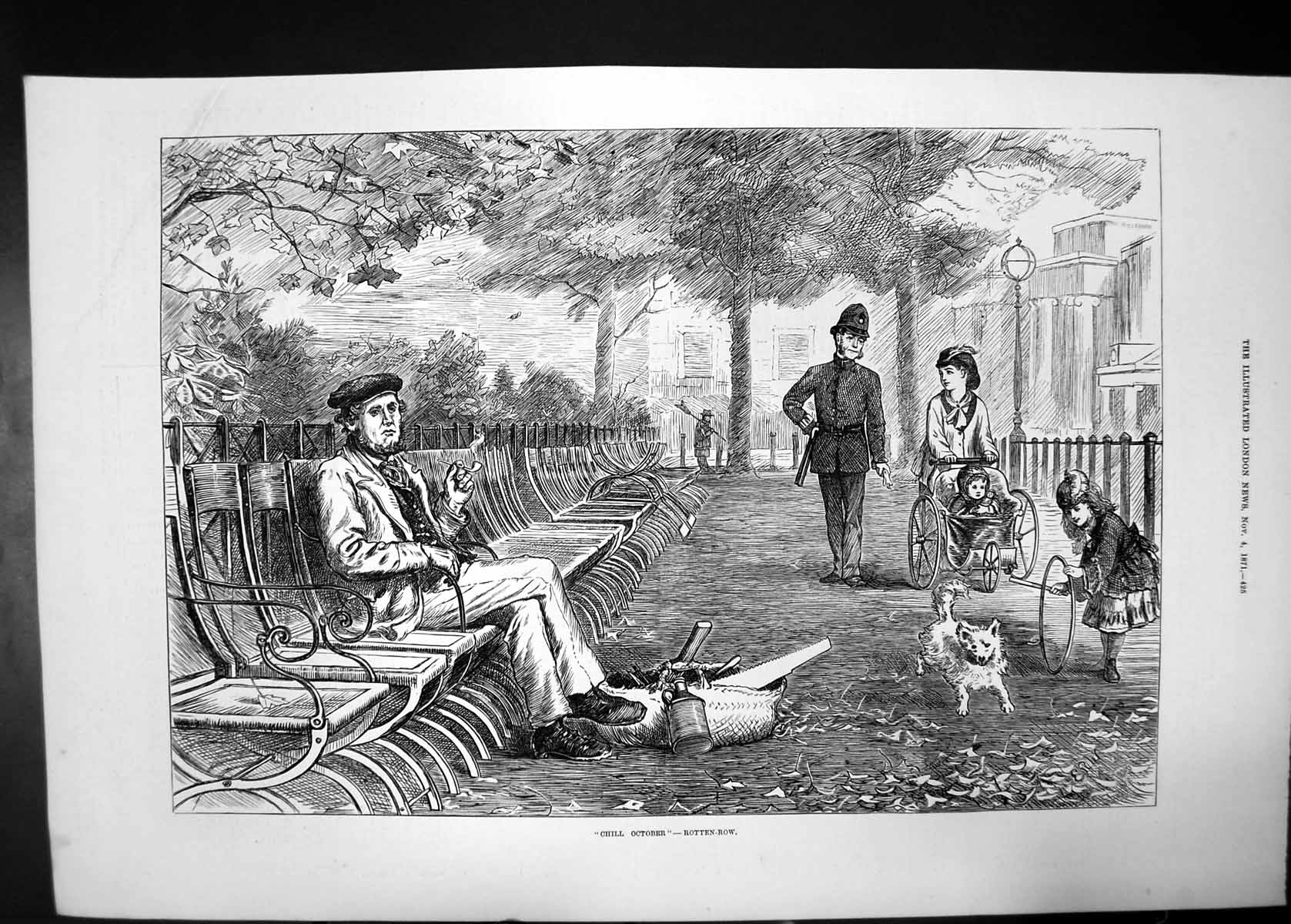 Old Antique Print Chill October Rotten Row 1871 Man Police Dog Children 19th