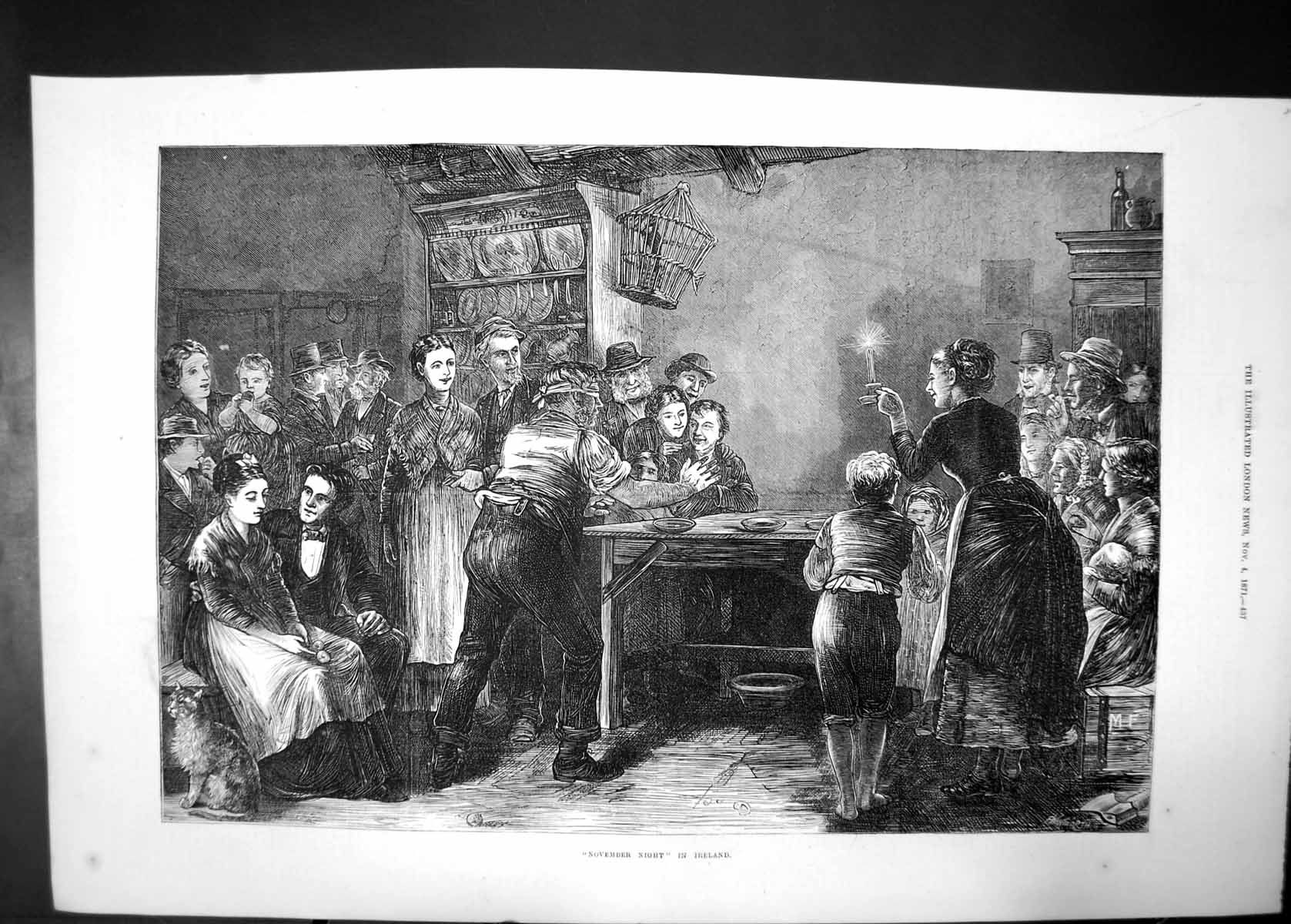 Antique Old Print November Night In Ireland 1871 Men Women Bar Social Feast