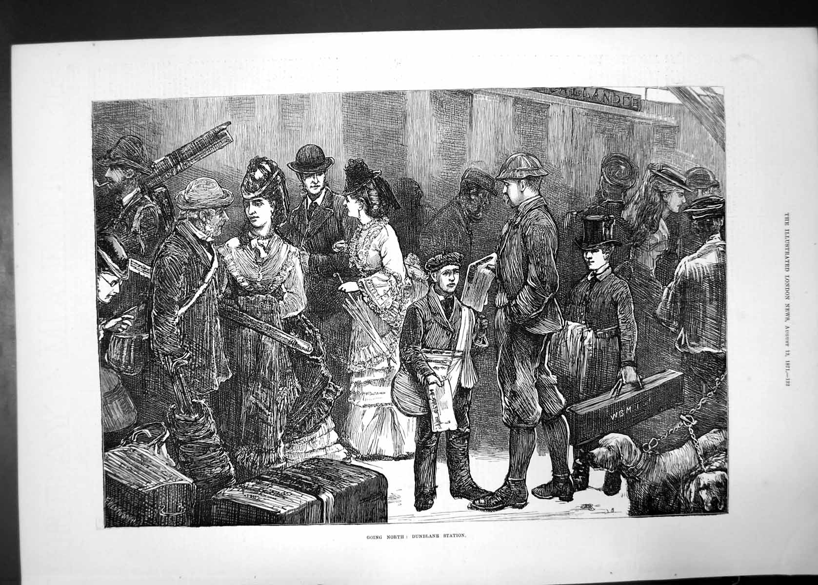 Antique Old Print Going North Dunblane Station 1871 Women Children Men Dog 19th