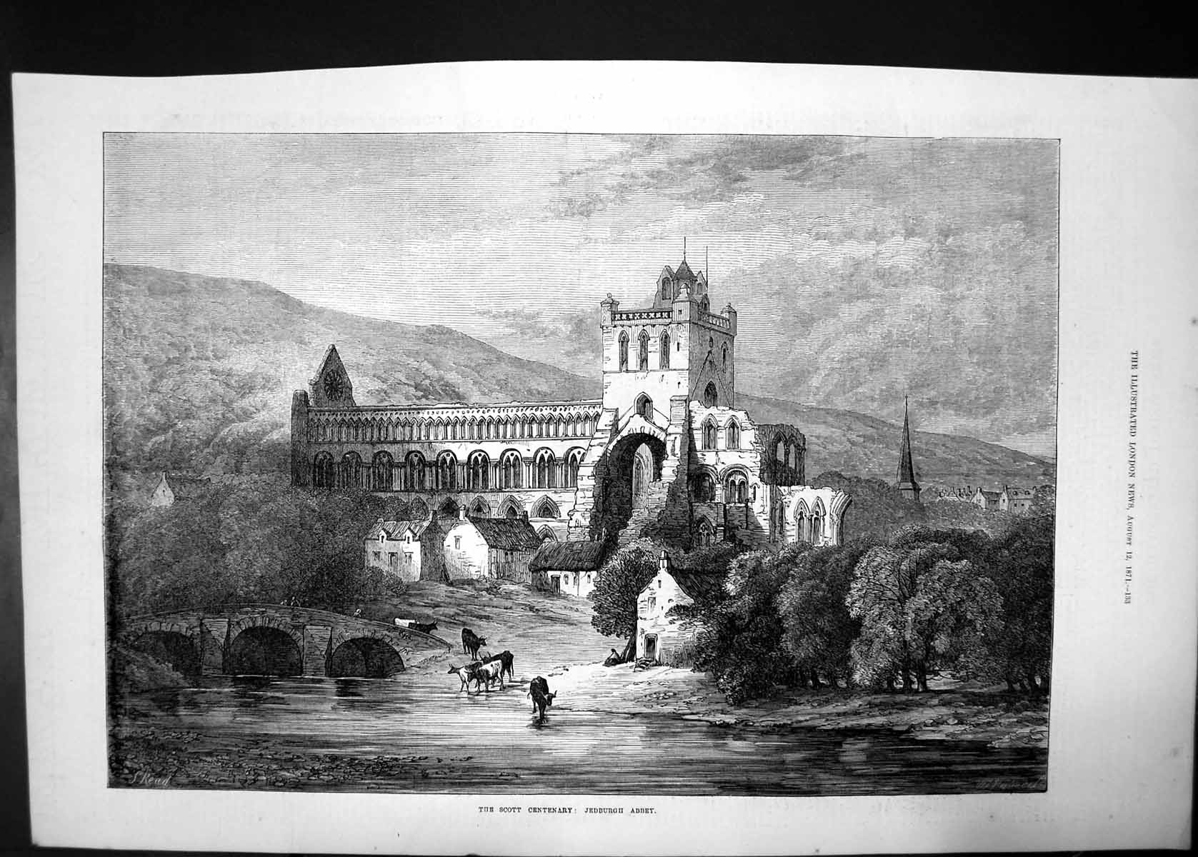Old Antique Print Scott Centenary Jedburgh Abbey 1871 Cattle Bridge Trees 19th