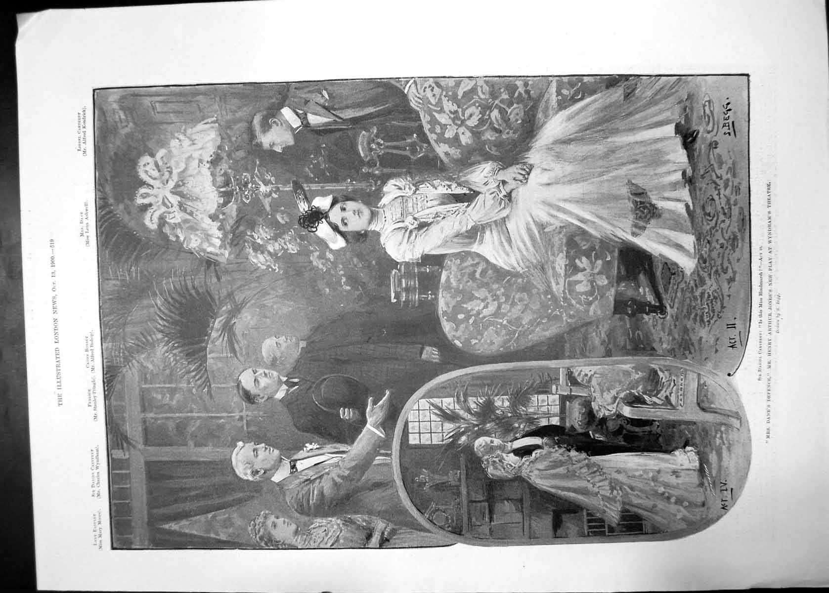 Antique Old Print Sir Daniel Carteret Miss Hindmarsh Wyndhams Theatre 1900 20th