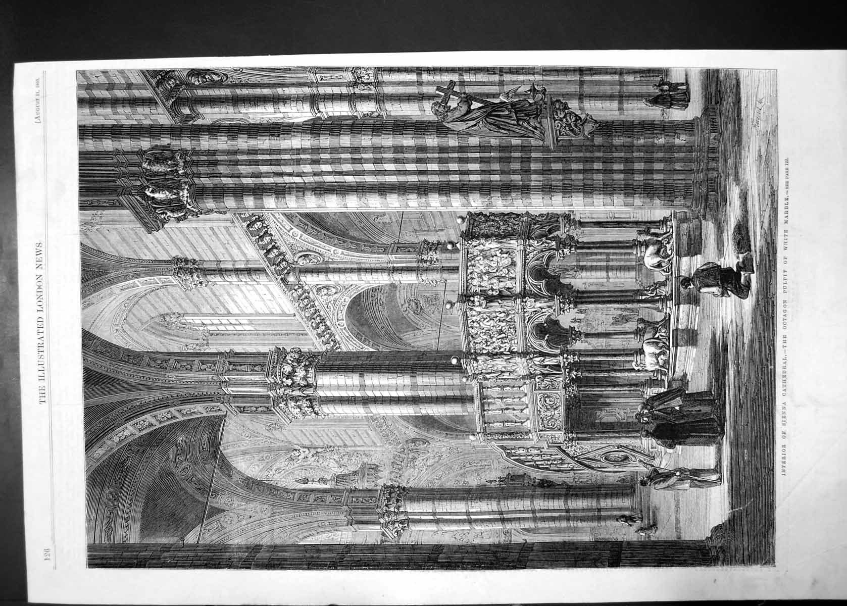 Antique Old Print Interior Sienna Cathedral Octagon Pulpit White Marble 1860