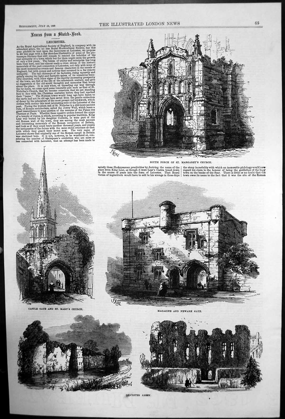 Original Old Antique Print Leicester Abbey St Marys Church Newark Gate 1868