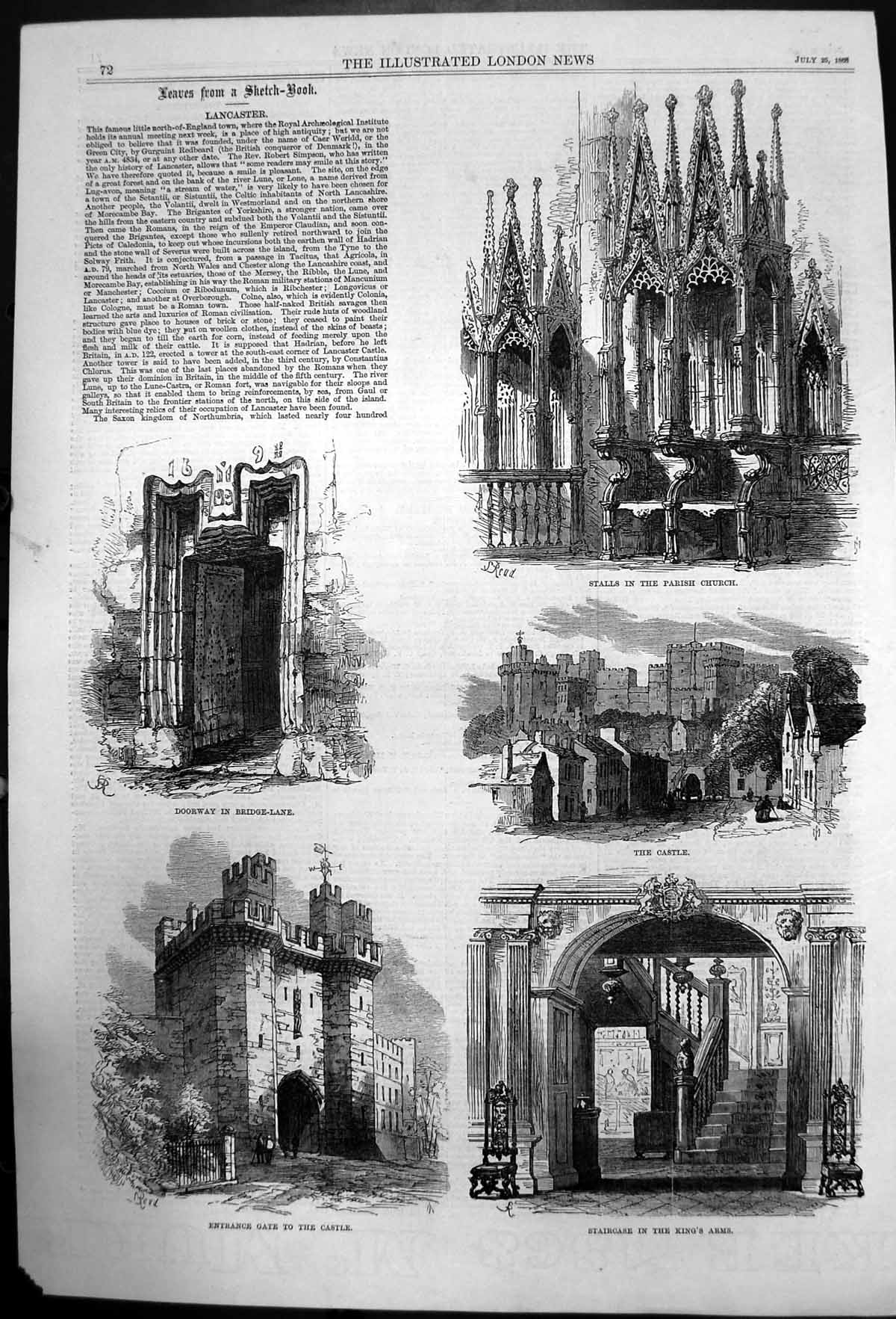 Original Old Antique Print Lancaster Castle Parish Church Kings Arms 1868 19th