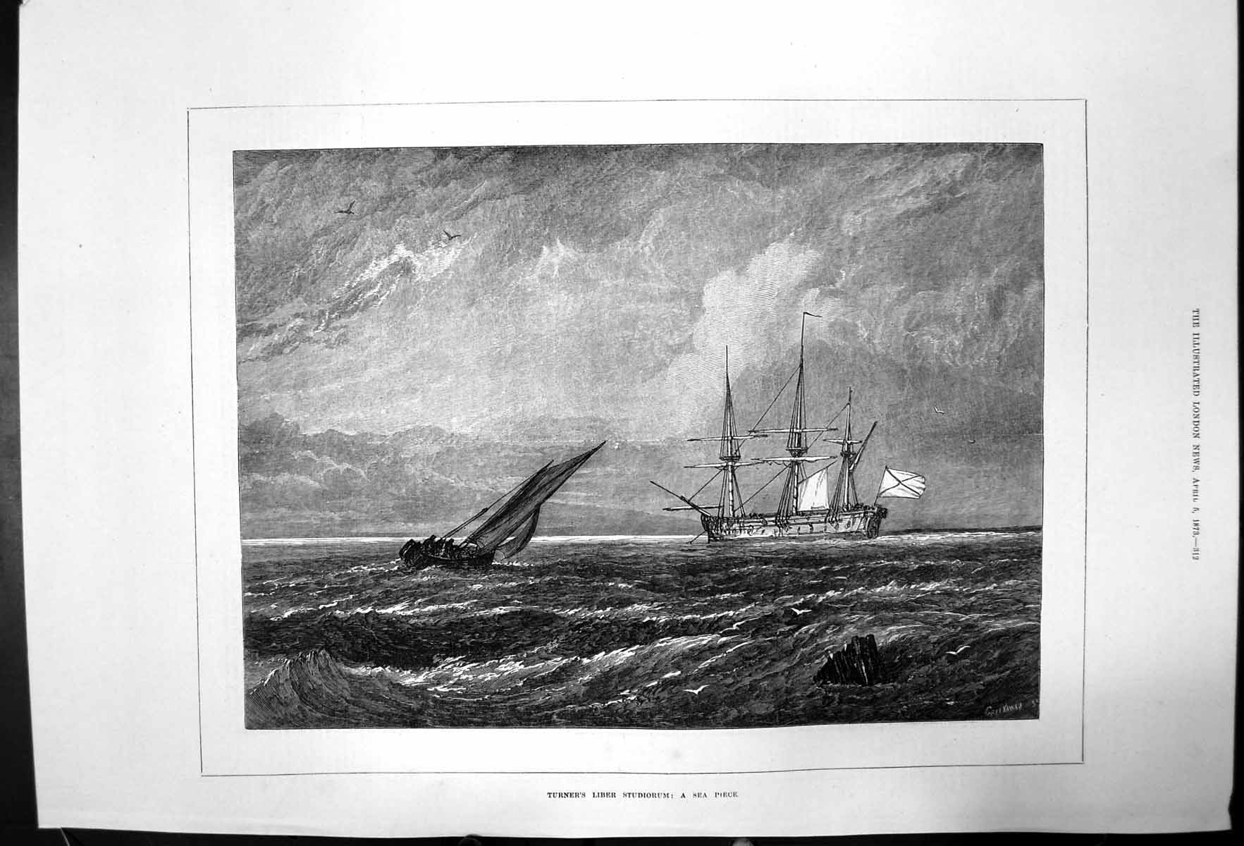 Original Old Antique Print Turners Liber Studiorum A Sea Piece 1873 Victorian
