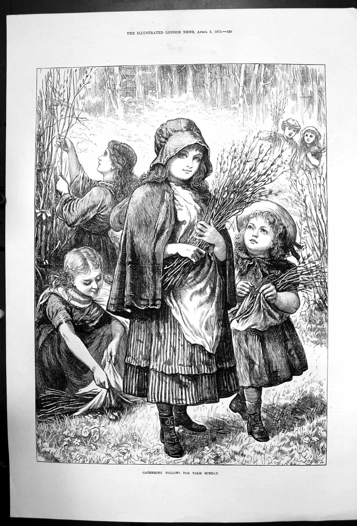 Original Old Antique Print Children Gathering Willows For Palm Sunday 1873 19th