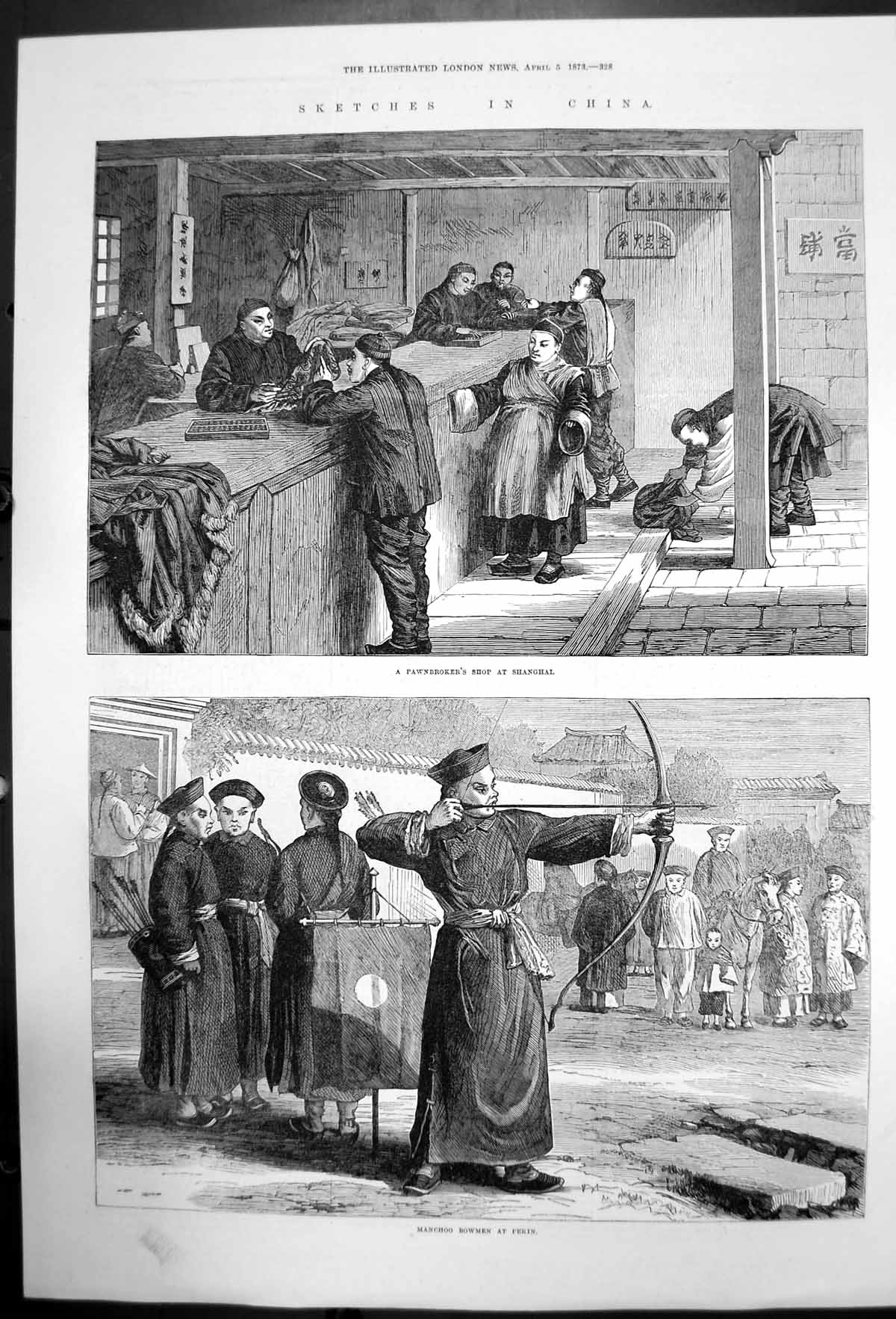 Original Old Antique Print Pawnbrokers Shop Shanghai Manchoo Bowmen Pekin 1873