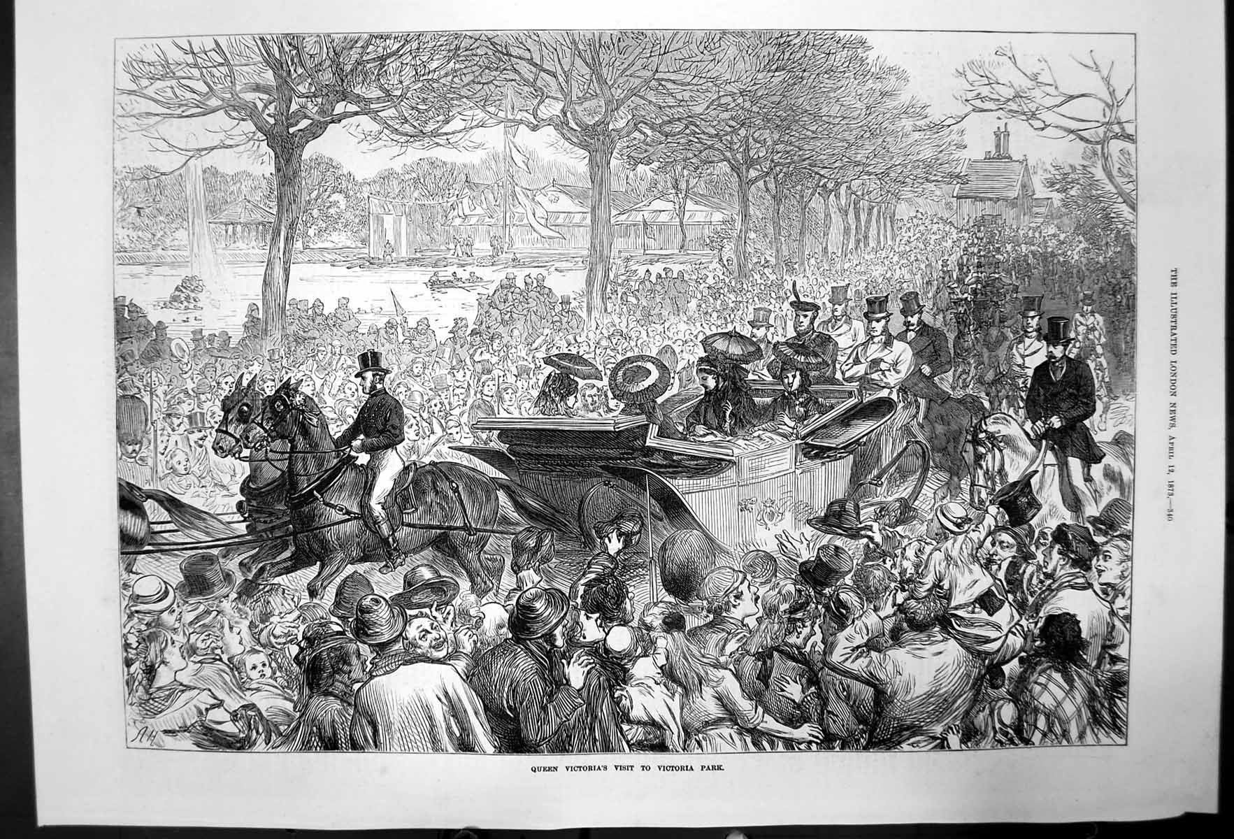 Original Old Antique Print Queen Victorias Visit To Victoria Park 1873 19th