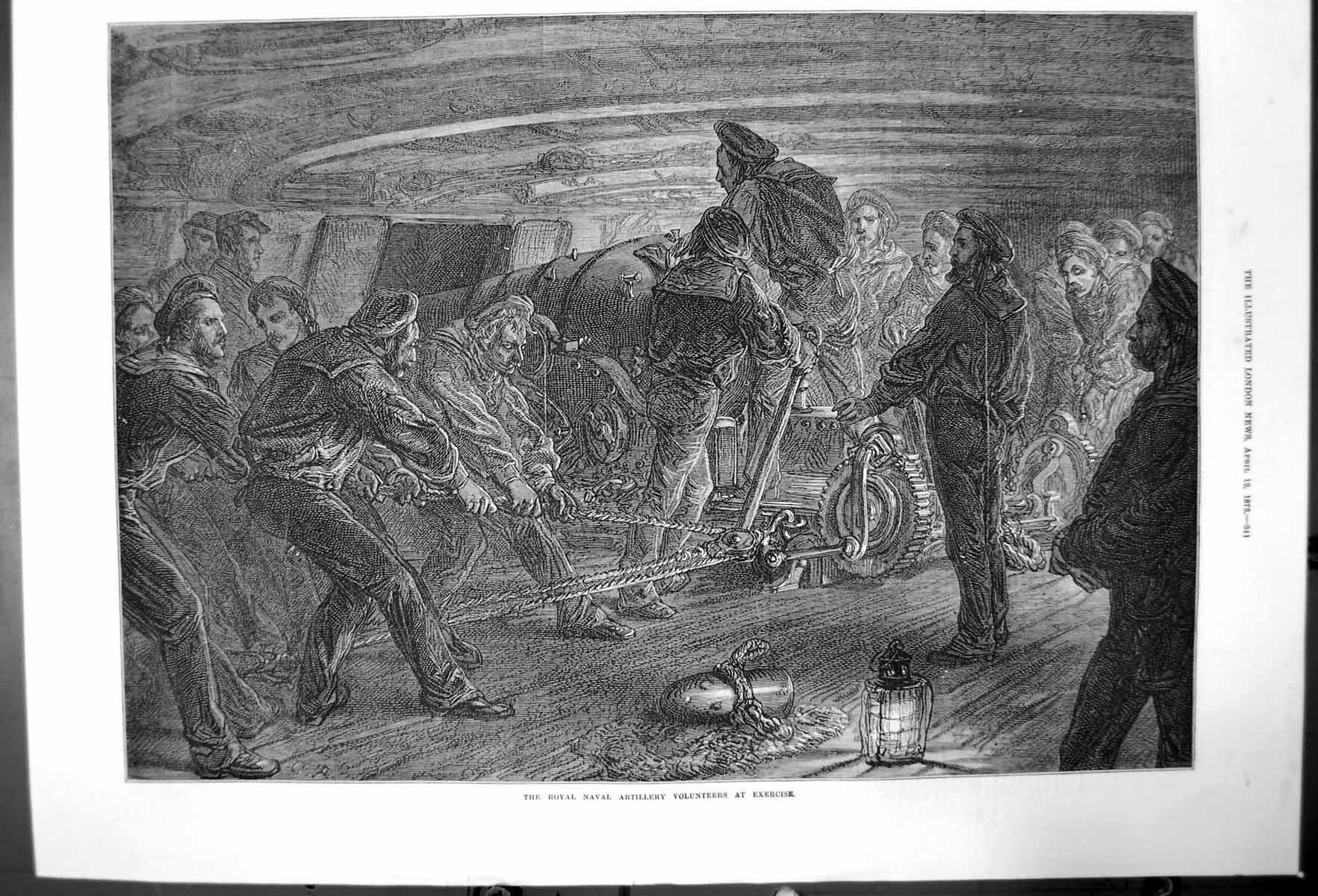 Original Old Antique Print Royal Naval Artillery Volunteers At Exercise 1873