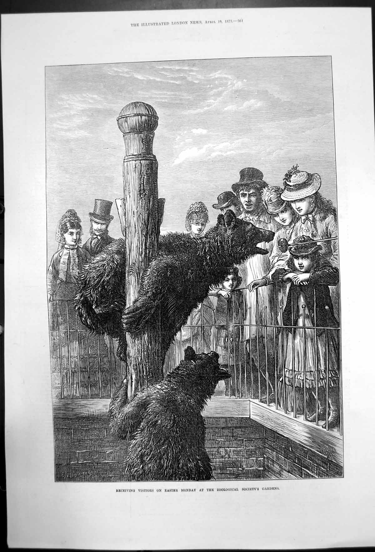 Antique Old Print Receiving Visitors Zoological Societys Gardens Easter 1873