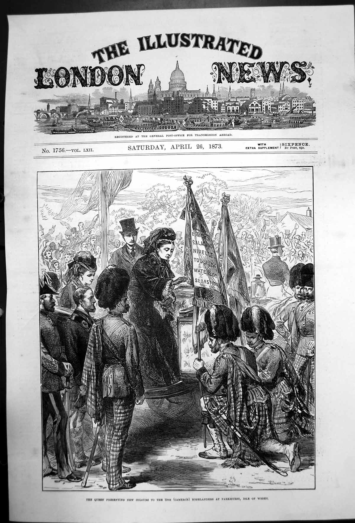 Original Old Antique Print Queen Presents Colours 79Th Cameron Highlanders 1873