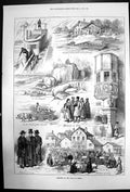 Original Old Antique Print Sketches Banks Danube Market Peasants At Linz 1873