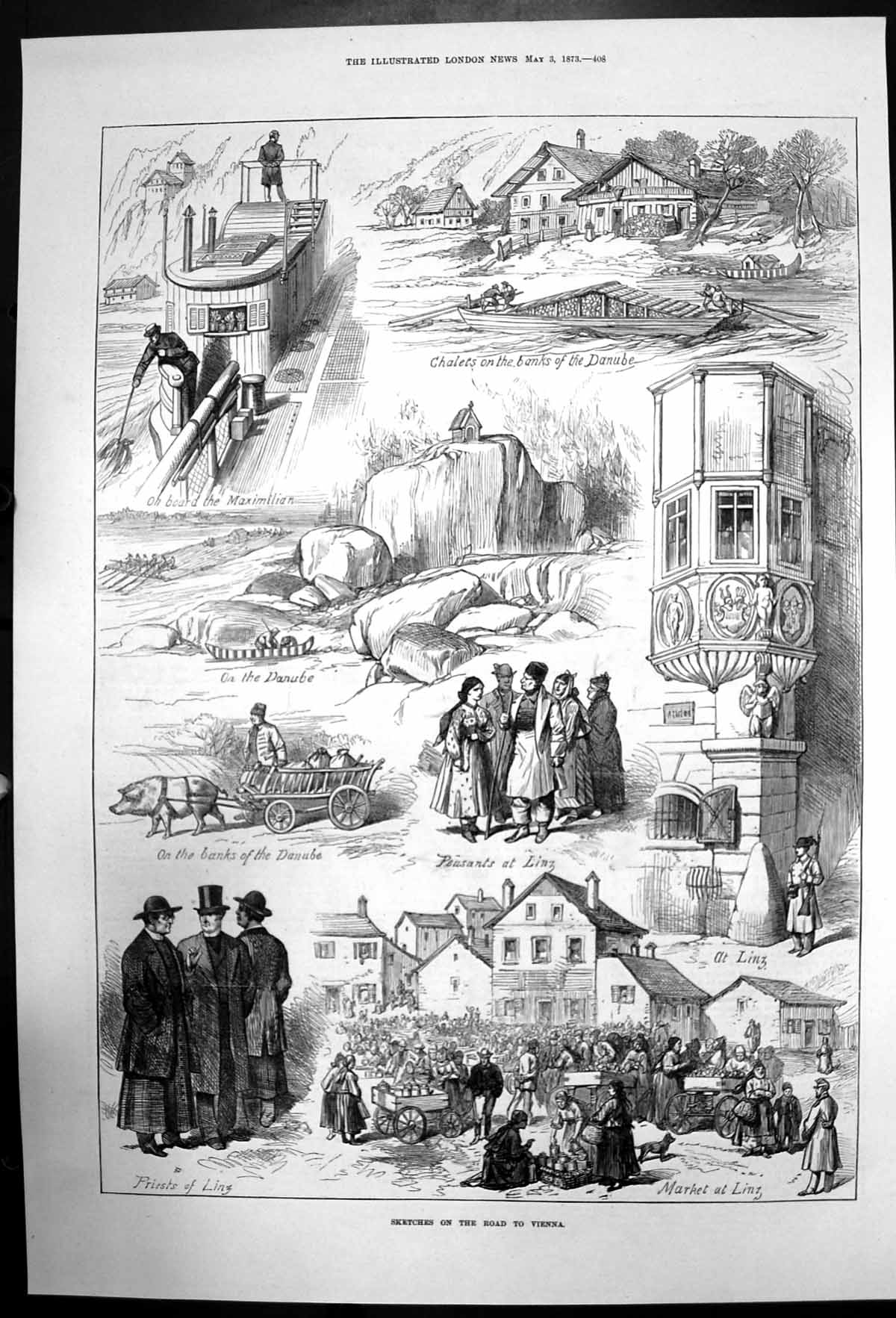 Original Old Antique Print Sketches Banks Danube Market Peasants At Linz 1873
