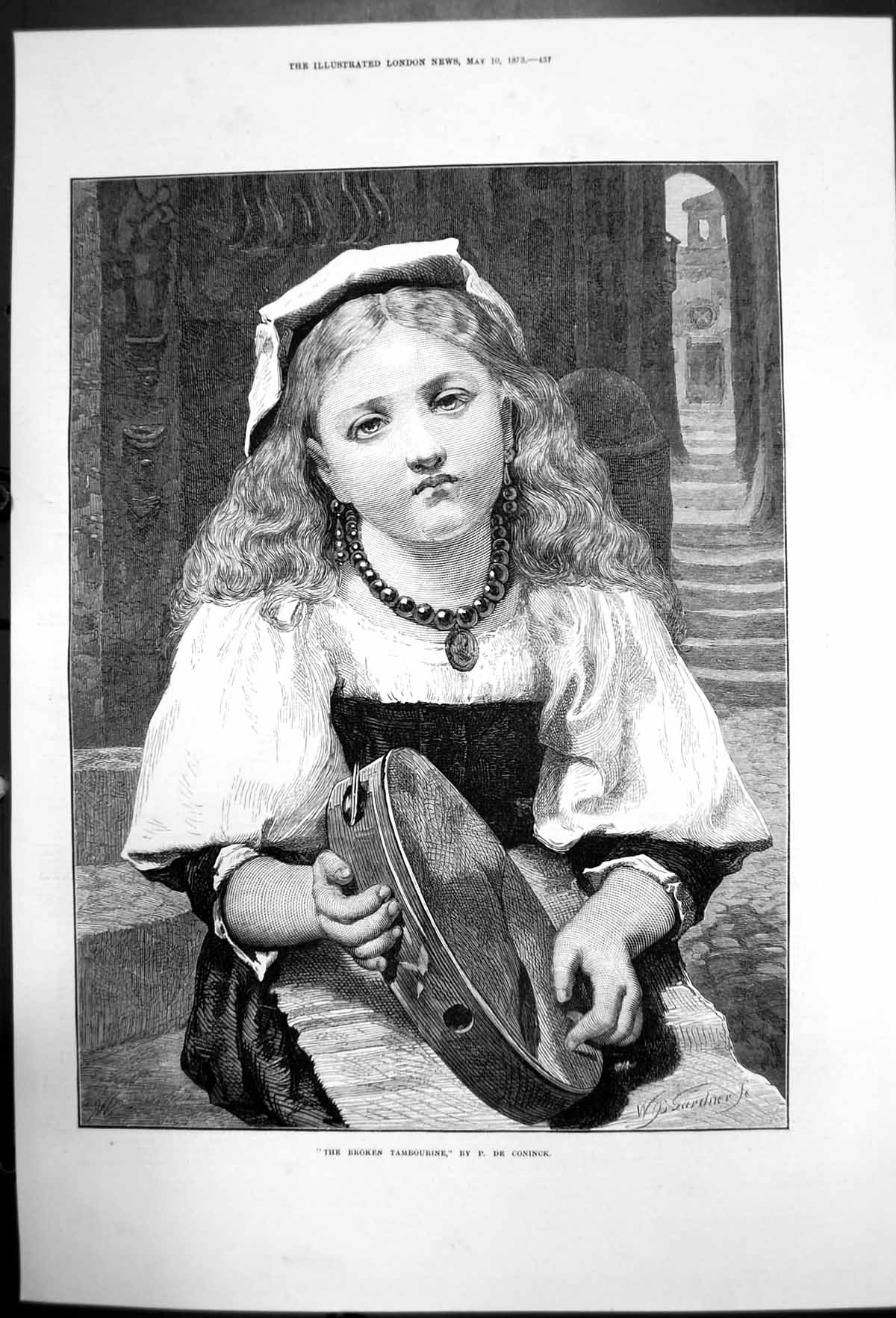 Original Old Antique Print The Broken Tambourine By P De Coninck 1873 Victorian