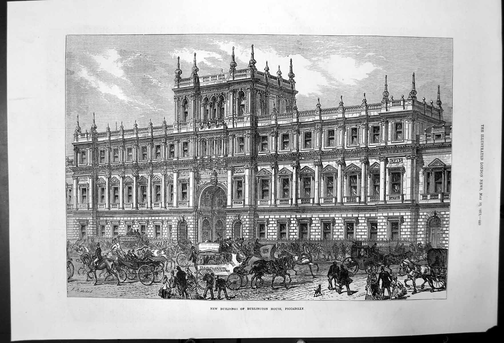 Original Old Antique Print New Buildings Burlington House Piccadilly 1873 19th