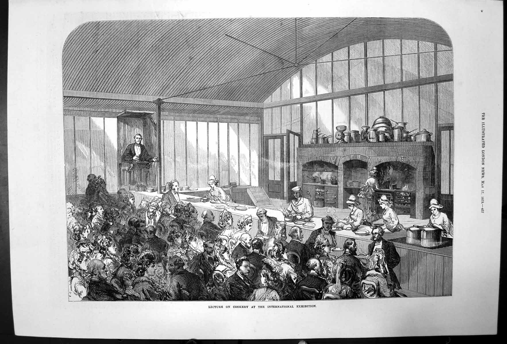 Original Old Antique Print Lecture On Cookery At International Exhibition 1873