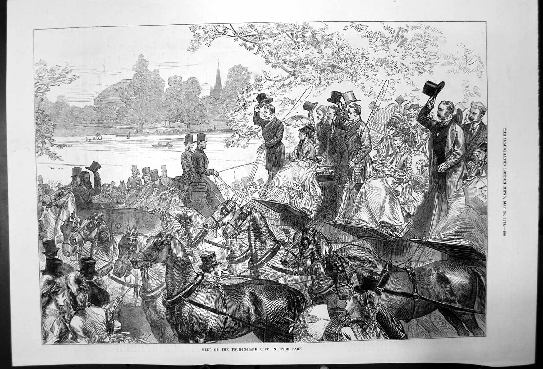 Original Old Antique Print Meet Four In Hand Club In Hyde Park 1873 Victorian