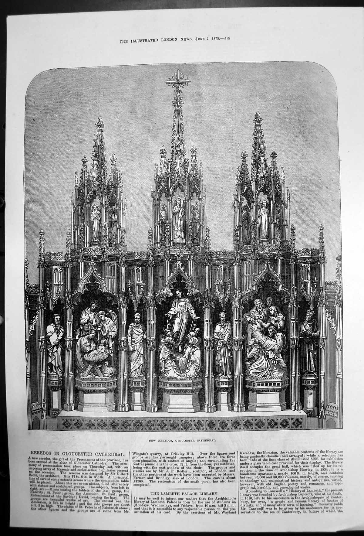 Original Old Antique Print New Reredos Altar Gloucester Cathedral 1873 19th