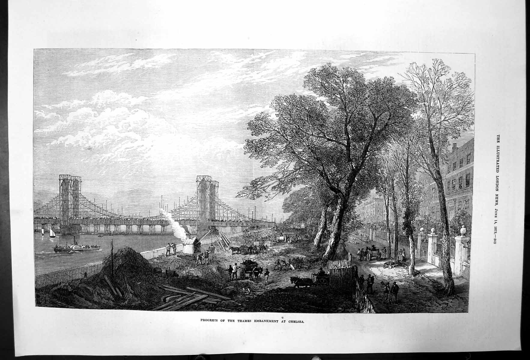 Original Old Antique Print Progress Thames Embankment At Chelsea 1873 Victorian