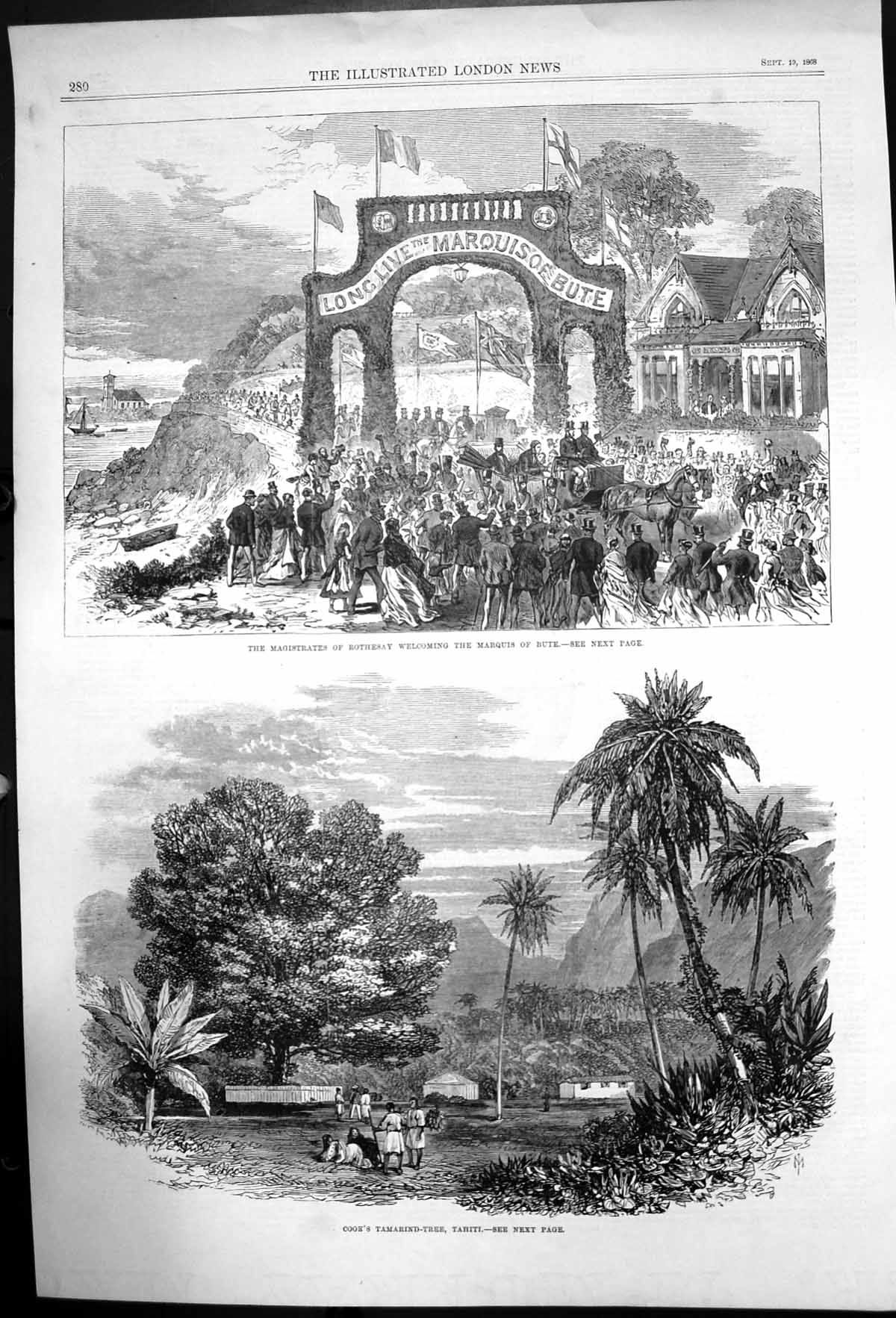 Original Old Antique Print Marquis Bute Rothesay Cooks Tamarindtree Tahiti 1868