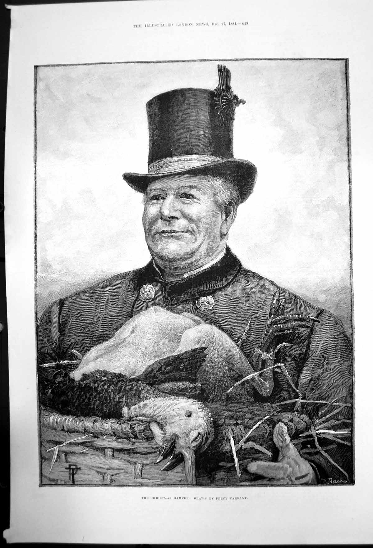 Original Old Antique Print The Christmas Hamper Drawn By Percy Tarrant 1884