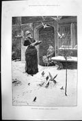 Original Old Antique Print Christmas Morning Early Breakfast E C Woodville 1884