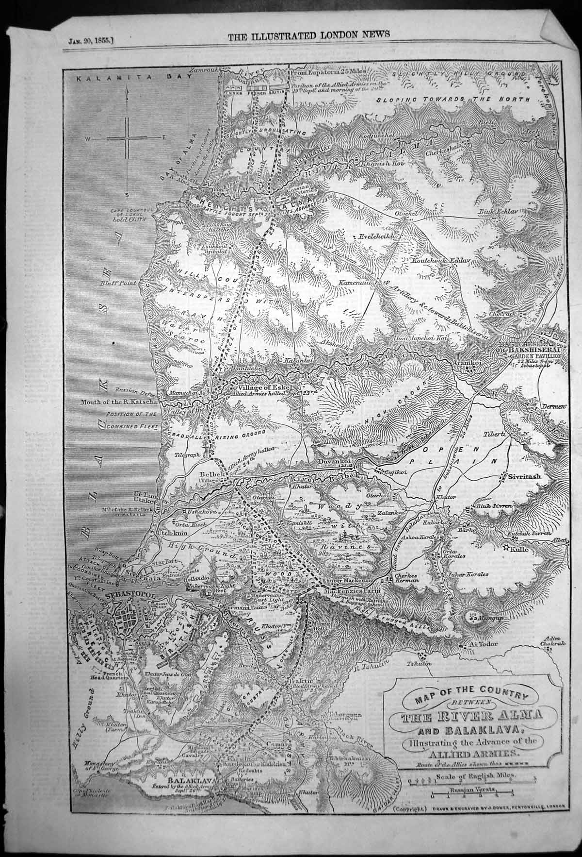 Old Antique Print Map Country Between River Alma & Balaklava Armies 1855 19th