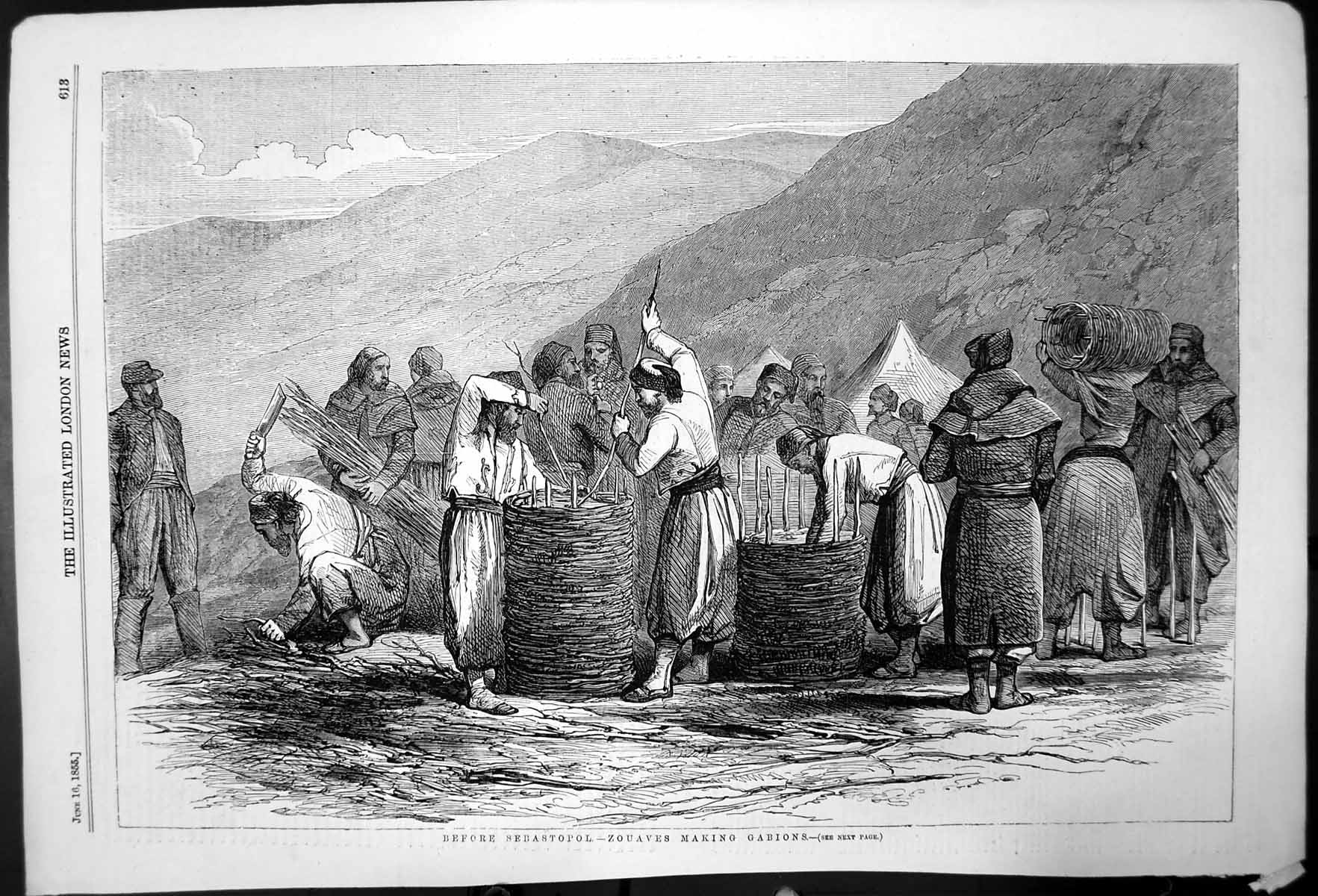 Original Old Antique Print Before Sebastopol Zouaves Making Gabions 1855 19th