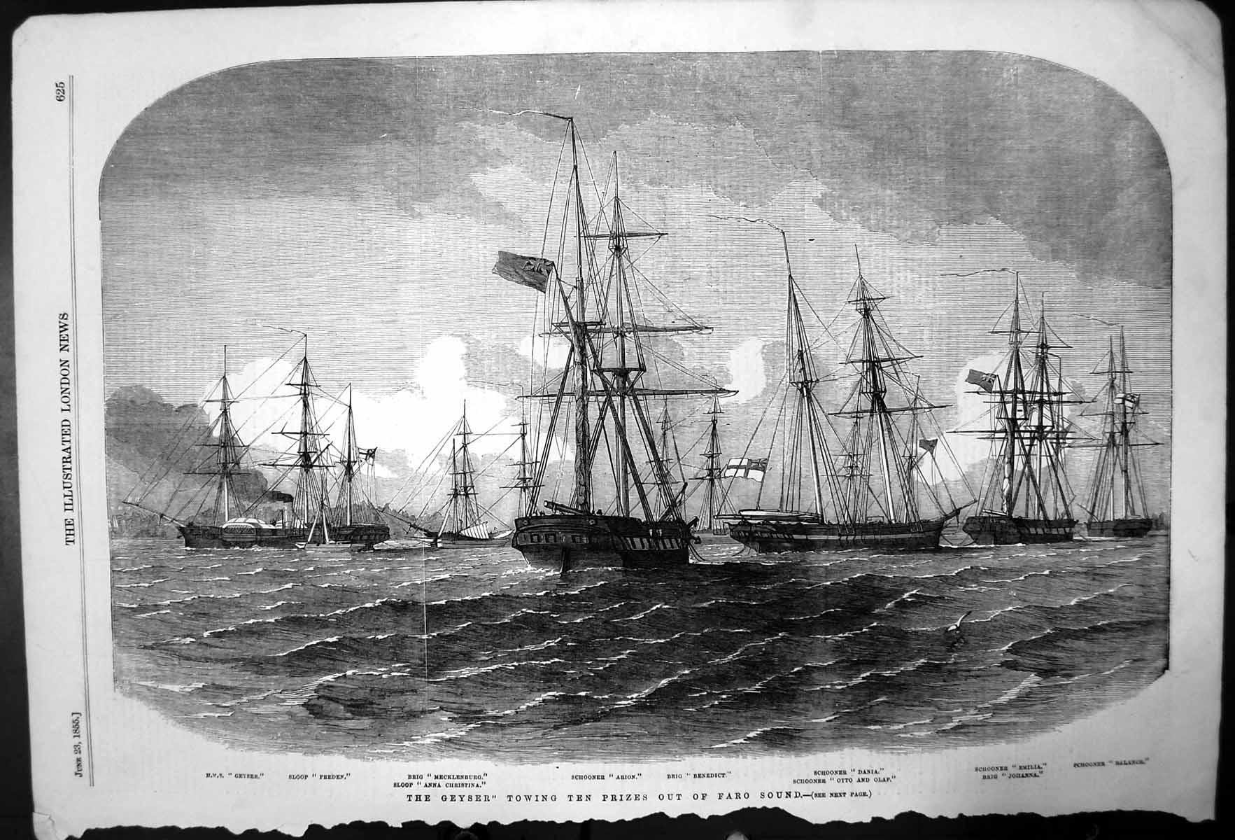 Original Old Antique Print The Geyser Towing Ten Prizes Out Faro Sound 1855