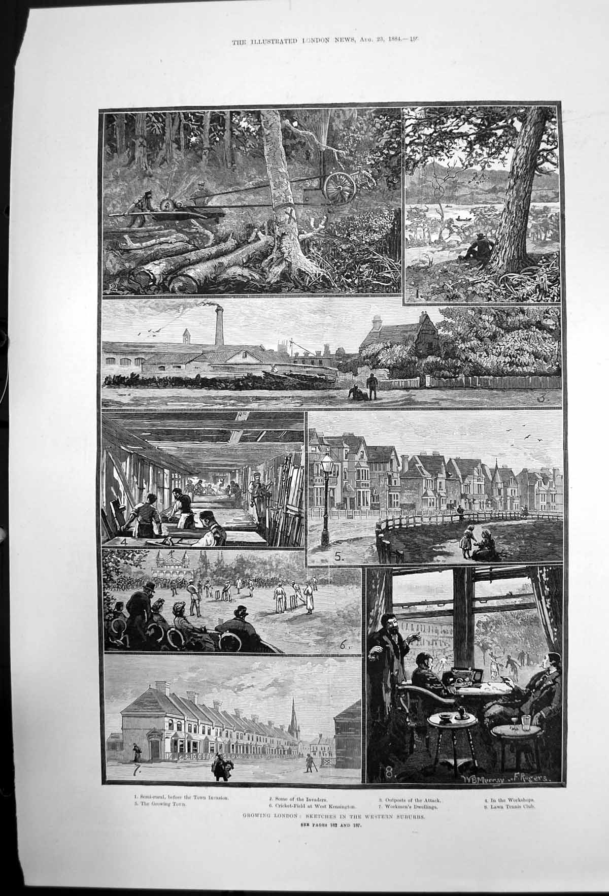Original Old Antique Print Growing London Workshops Tennis Club Kensington 1884