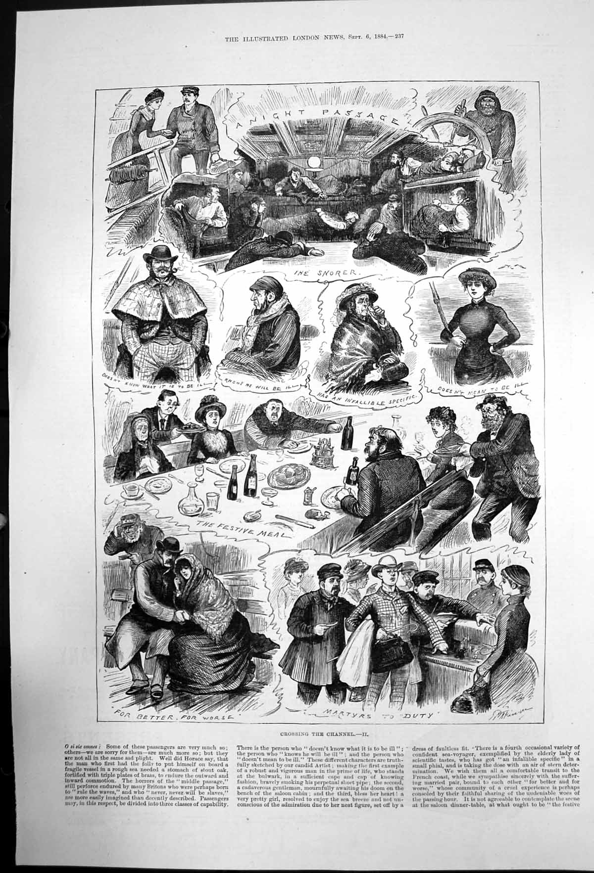 Old Antique Print Crossing The Channel Festival Meal Night Passage 1884 19th